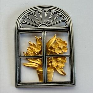 Vintage JJ Jonette Jewelry Decorative Brooch “ Window with Flowers “